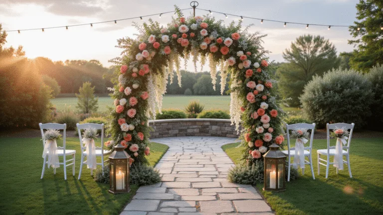 May Wedding Flowers: Your Ultimate Guide to Seasonal Floral Perfection Cinematic garden wedding ceremony at sunset, featuring a floral arch with peonies and roses, lined with brass lanterns and wooden chairs, enhanced by twinkling string lights and a soft breeze.