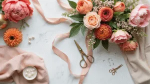 How to Create Stunning Pink and Orange Wedding Flower Arrangements: A Complete Aerial view of a luxurious wedding floral design workspace featuring coral charm peonies, blush garden roses, burnt orange dahlias, and peach ranunculus in vintage brass vessels, alongside floral tools and textured fabrics, all bathed in soft, diffused natural light.