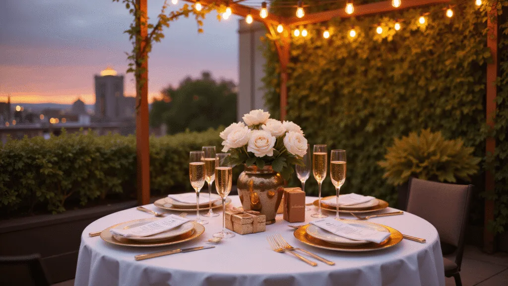 Perfect Anniversary Gifts for Him: A Comprehensive Guide Romantic rooftop dinner setting at sunset, featuring a elegantly set table for two with white linens, gold-rimmed plates, crystal champagne flutes, and a floral centerpiece, surrounded by ambient string lights and a soft-focus city skyline.