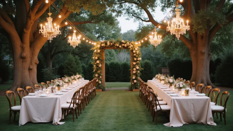 Backyard Wedding Ideas: Your Ultimate Guide to an Elegant At-Home Celebration A romantic backyard wedding reception featuring fairy lights, chandeliers, and rustic decor, captured during golden hour with soft natural light and a shallow depth of field.