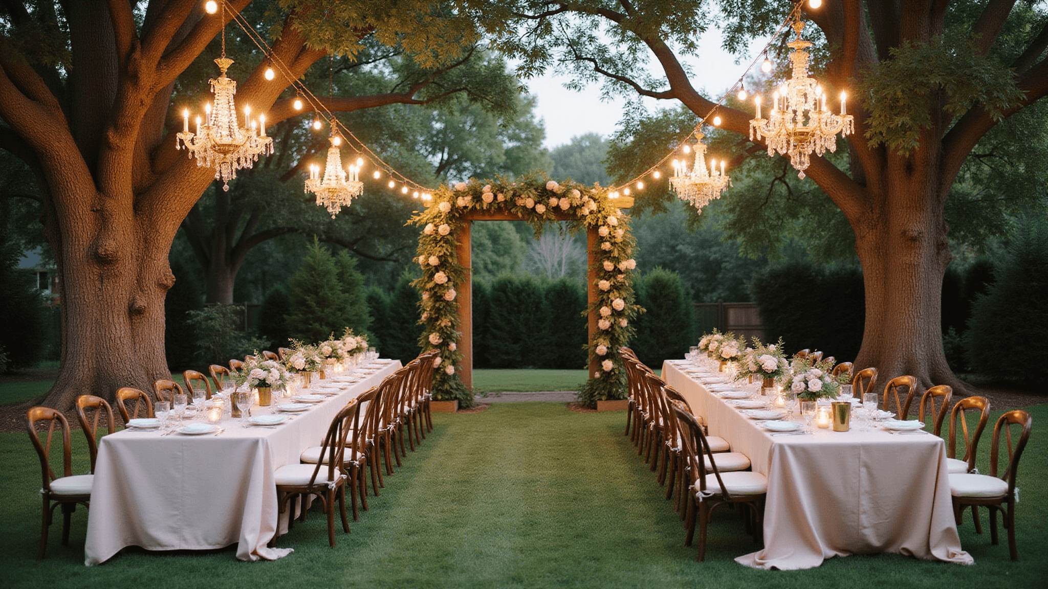 A romantic backyard wedding reception featuring fairy lights, chandeliers, and rustic decor, captured during golden hour with soft natural light and a shallow depth of field.