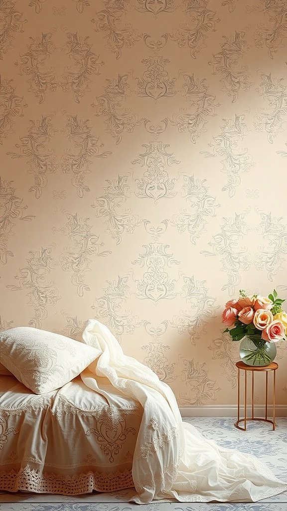 50 Stunning Coquette Wallpaper Designs to Transform Your Space A cozy room featuring coquette wallpaper with lace overlays, a white blanket draped over a couch, and a bouquet of roses on a side table.
