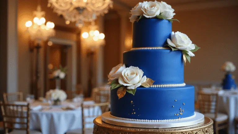 ROYAL BLUE WEDDING CAKE: A SHOWSTOPPING CENTERPIECE Elegant 4-tier royal blue wedding cake with gold accents and white floral decorations, set against a soft-focus ballroom background, captured in golden hour lighting with photorealistic quality.