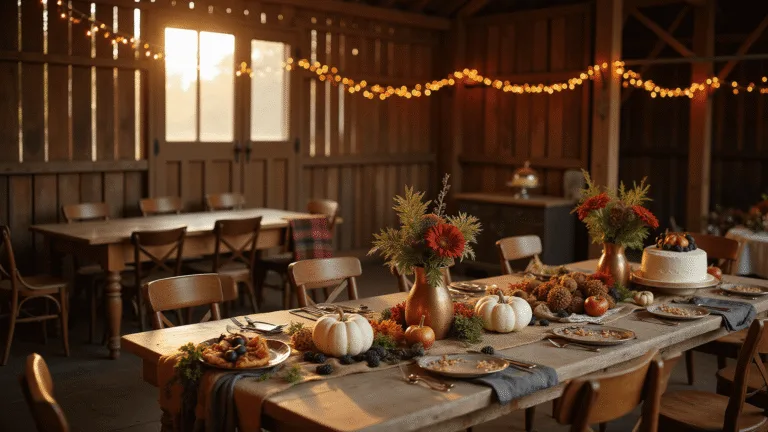 Unforgettable Fall Birthday Party: Your Ultimate Celebration Guide A warm, inviting barn interior decorated for a rustic fall birthday celebration, featuring a long farmhouse table with mini pumpkins and floral arrangements, a DIY pumpkin painting station, and a dessert table with a naked cake and mini pies, all under a canopy of string lights.