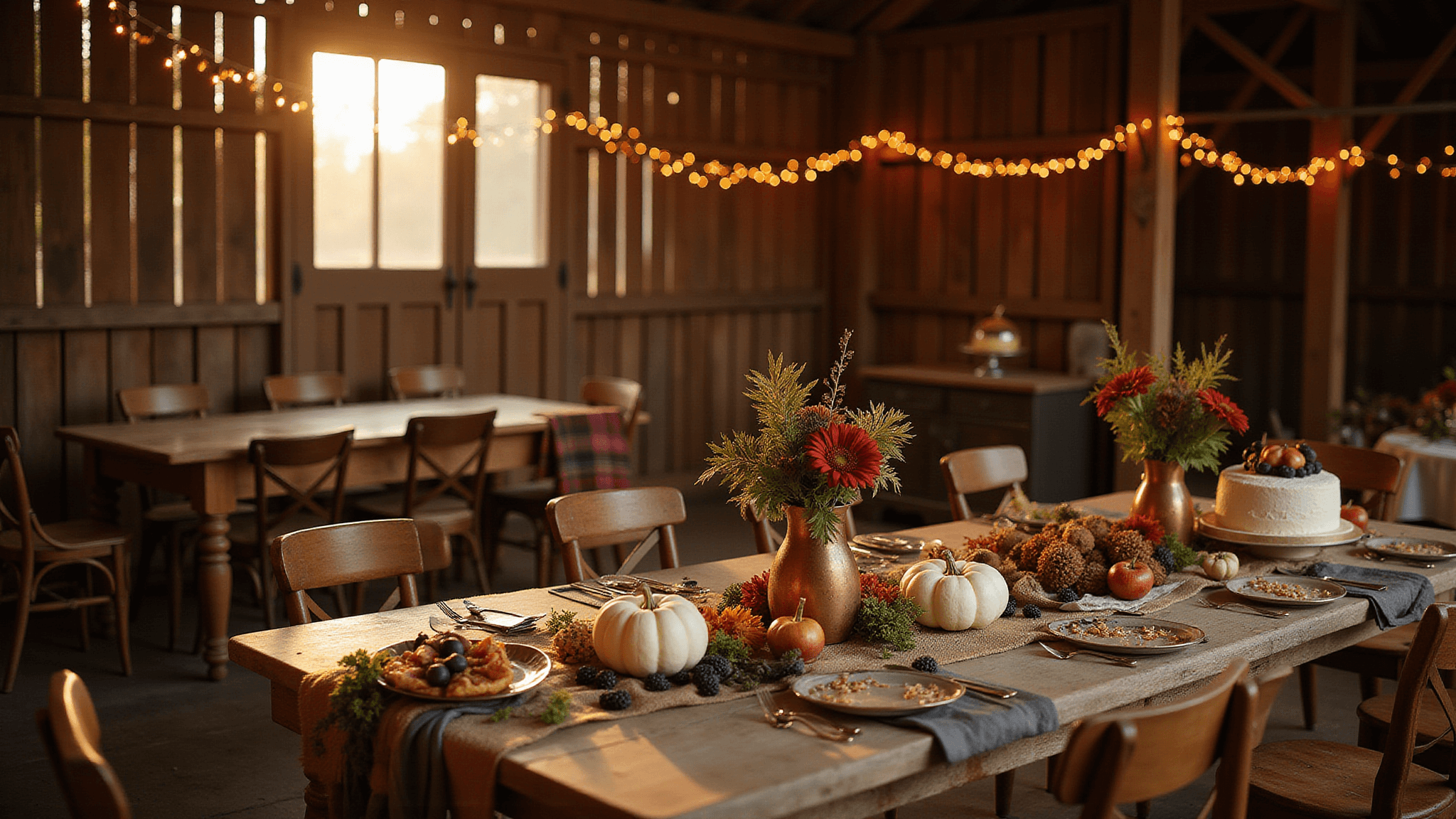 A warm, inviting barn interior decorated for a rustic fall birthday celebration, featuring a long farmhouse table with mini pumpkins and floral arrangements, a DIY pumpkin painting station, and a dessert table with a naked cake and mini pies, all under a canopy of string lights.