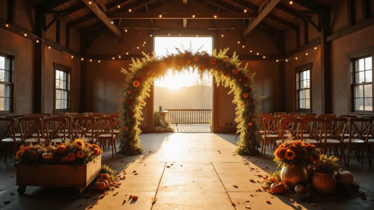 Fall Wedding Flowers: Your Ultimate Guide to Autumn Floral Magic Rustic barn wedding ceremony at golden hour, featuring a grand floral arch of burgundy dahlias, sunflowers, and chrysanthemums, with wooden chairs and autumn arrangements, illuminated by bistro lights and soft sunlight.