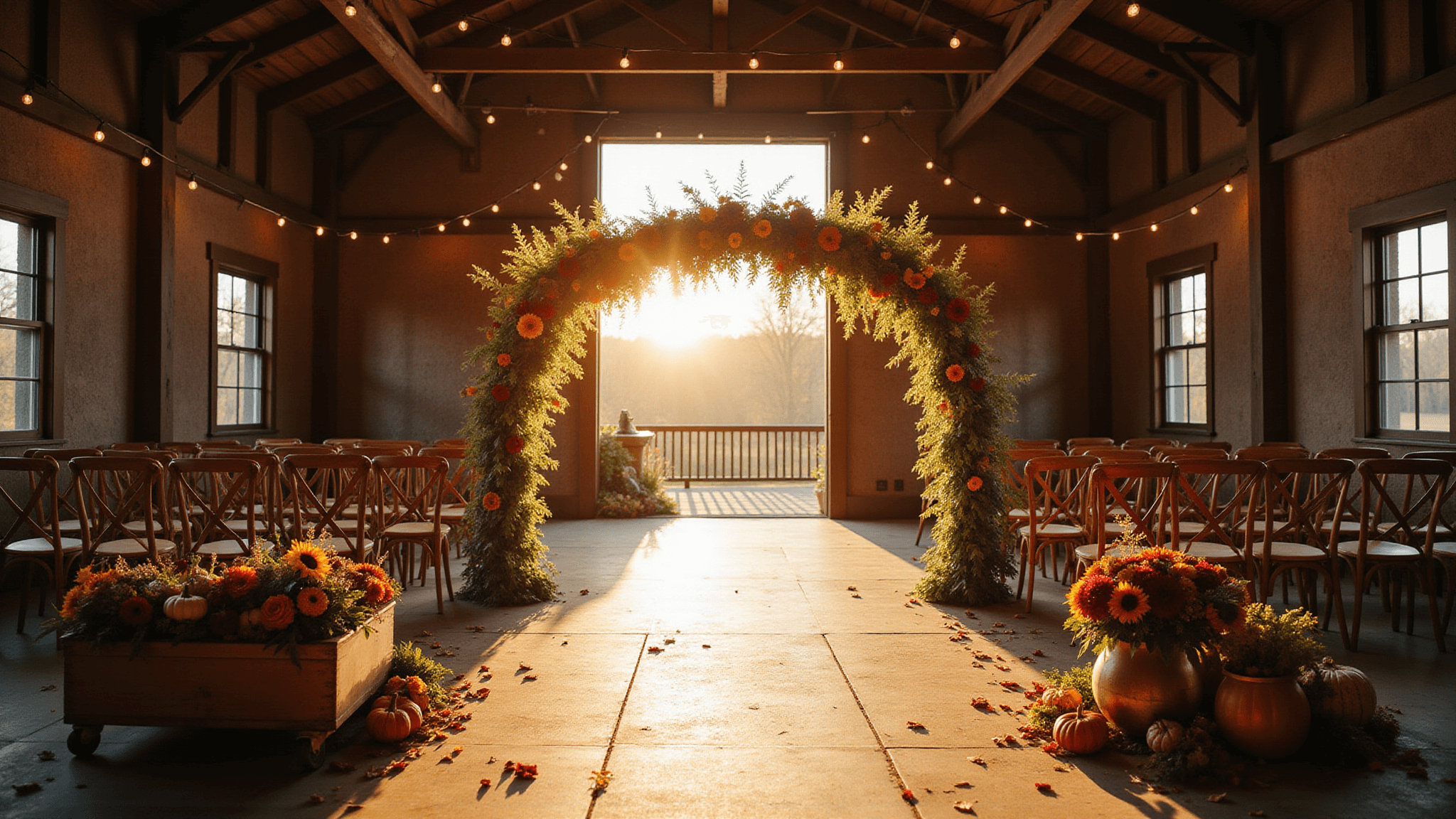 Rustic barn wedding ceremony at golden hour, featuring a grand floral arch of burgundy dahlias, sunflowers, and chrysanthemums, with wooden chairs and autumn arrangements, illuminated by bistro lights and soft sunlight.