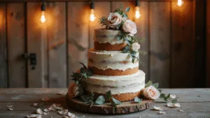 Naked Wedding Cakes with Flowers: The Ultimate Guide to Rustic Elegance A photorealistic three-tiered naked vanilla wedding cake adorned with blush pink and cream garden roses, set on a weathered wooden cake stand against a barn wood backdrop, illuminated by warm golden hour lighting, with vintage Edison bulbs creating bokeh effects.