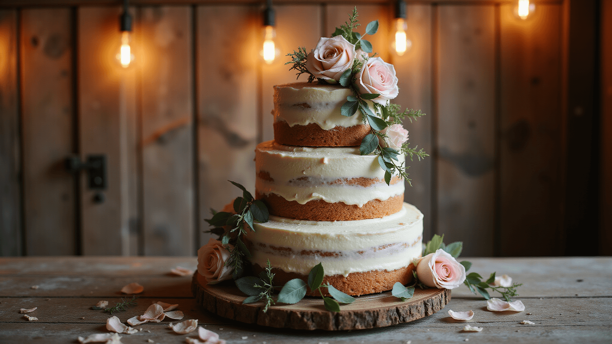A photorealistic three-tiered naked vanilla wedding cake adorned with blush pink and cream garden roses, set on a weathered wooden cake stand against a barn wood backdrop, illuminated by warm golden hour lighting, with vintage Edison bulbs creating bokeh effects.