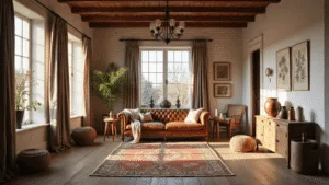 Transform Your Home with Timeless Rustic Elegance A sun-drenched rustic living room featuring reclaimed oak flooring, whitewashed brick walls, and a distressed leather Chesterfield sofa beneath timber beams and a wrought-iron chandelier, with layered Persian rugs, natural linen curtains, and decorative elements like handwoven baskets and vintage botanical prints.