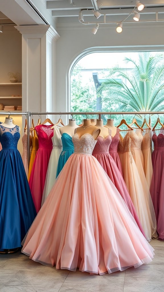 30 Stunning Ball Gowns for Your Next Formal Event A row of colorful ball gowns displayed in a boutique, showcasing a variety of seasonal colors