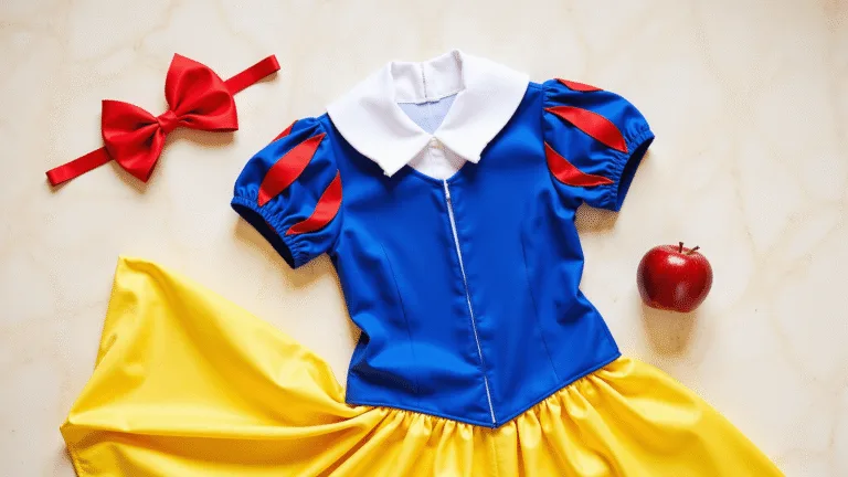 A Complete Guide to Rocking Your Snow White Halloween Costume Flat-lay of Snow White costume featuring a blue bodice, yellow skirt, red bow headband, white collar, and a shiny red apple on a cream marble surface, enhanced by soft diffused lighting.