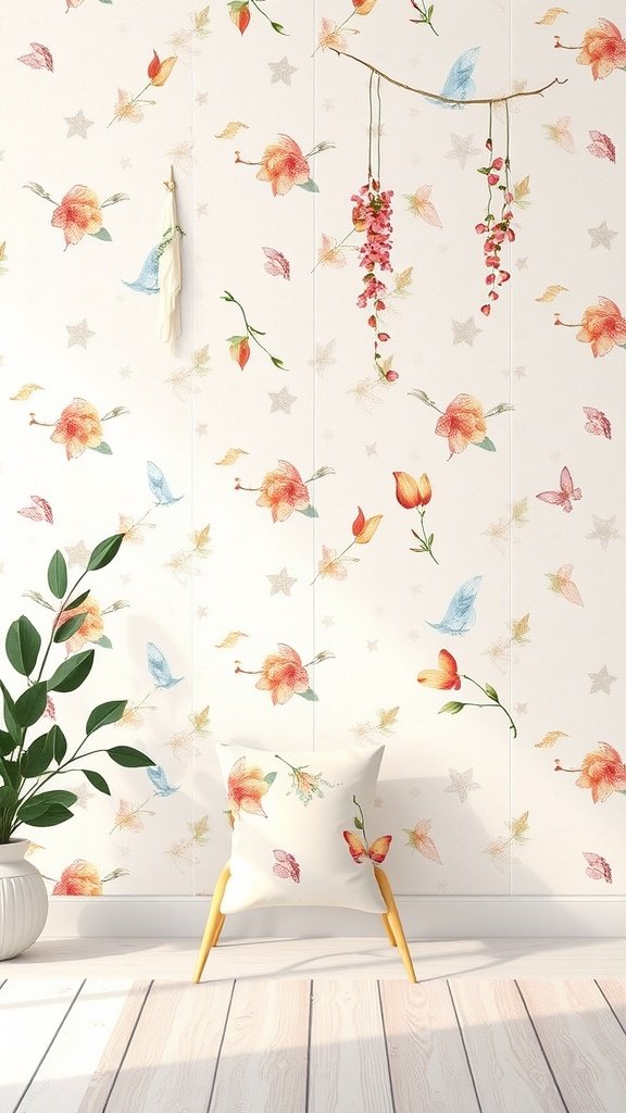 50 Stunning Coquette Wallpaper Designs to Transform Your Space A wall with coquette wallpaper featuring soft watercolor washes of flowers and butterflies.