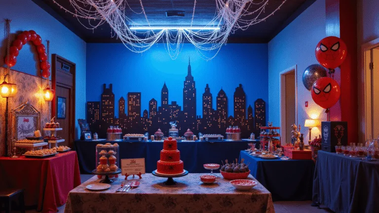 Ultimate Spider-Man Birthday Party: Web-Slinging Celebration Guide A vibrant indoor Spider-Man birthday party scene featuring a towering NYC skyline backdrop, intricate yarn webs, a 3-tier Spider-Man cake, and dynamic red and blue balloon arches, all captured in dramatic lighting and hyperrealistic detail.