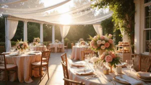 Spring Wedding Bouquets: Your Ultimate Guide to Capturing Seasonal Romance in Floral Perfection A sunlit garden terrace wedding reception featuring elegant tables with blush silk tablecloths, lush peony and ranunculus centerpieces, gold-rimmed place settings, and a vintage dessert cart, all illuminated by ethereal fairy lights and sheer white drapery.