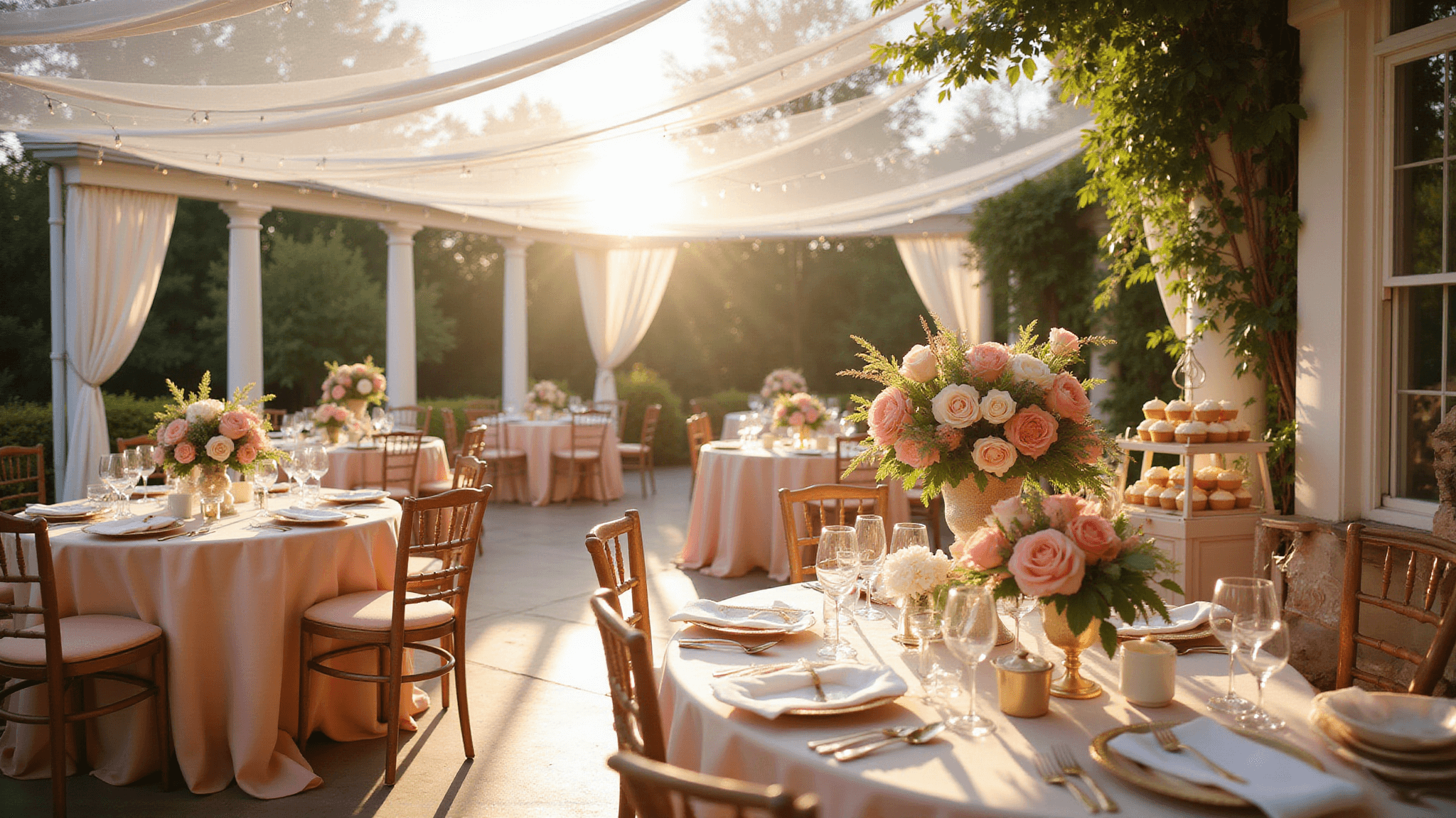 A sunlit garden terrace wedding reception featuring elegant tables with blush silk tablecloths, lush peony and ranunculus centerpieces, gold-rimmed place settings, and a vintage dessert cart, all illuminated by ethereal fairy lights and sheer white drapery.