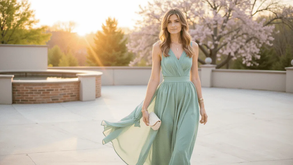 Spring Wedding Guest Dress Guide: Your Ultimate Style Guide for 2024 A model in a flowing sage green chiffon midi dress poses on a sun-drenched garden terrace during golden hour, adorned with minimal gold jewelry and a pearl-embellished clutch, with soft bokeh and spring blossoms in the background.