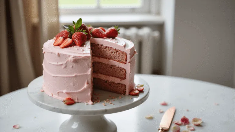 STRAWBERRY BIRTHDAY CAKE: A BURST OF FRUITY CELEBRATION A beautifully styled three-tiered strawberry birthday cake on a marble stand, featuring pink-tinted cream cheese frosting and fresh strawberry decorations, set in a softly lit vintage kitchen.