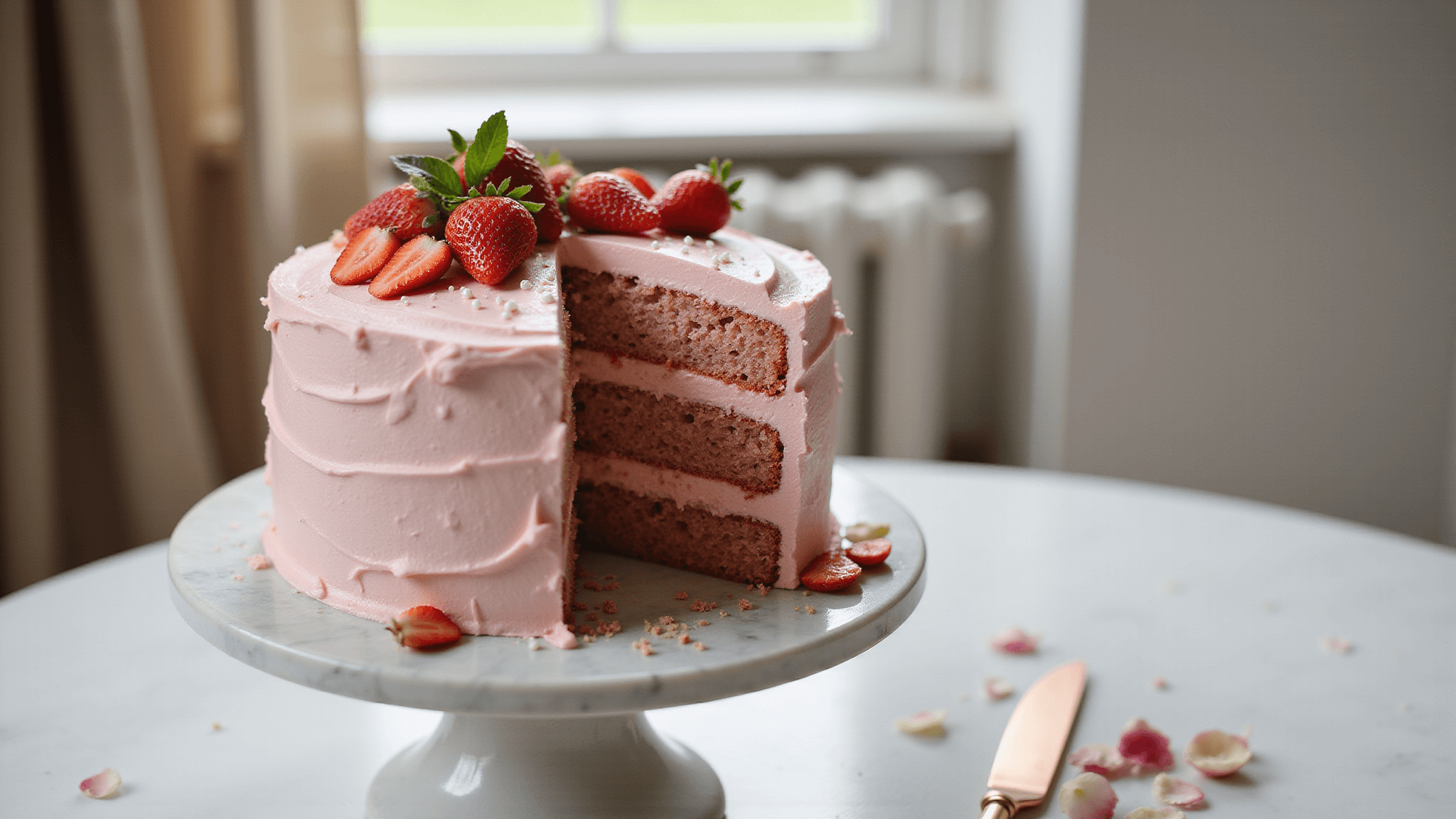 A beautifully styled three-tiered strawberry birthday cake on a marble stand, featuring pink-tinted cream cheese frosting and fresh strawberry decorations, set in a softly lit vintage kitchen.