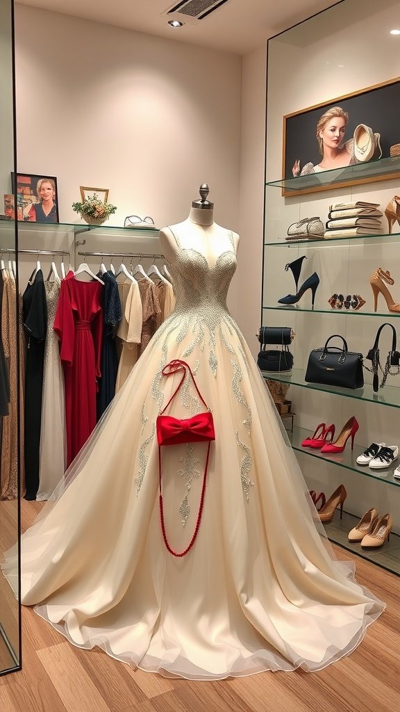 30 Stunning Ball Gowns for Your Next Formal Event A beautiful cream ball gown displayed with a red handbag in a boutique.