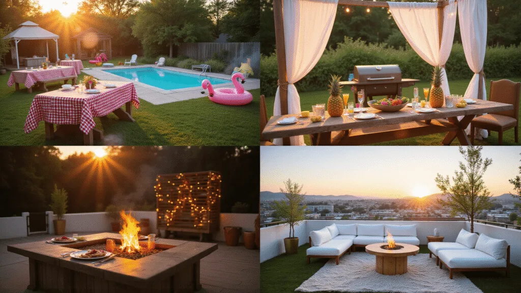 Sizzling Summer Birthday Party Ideas: Your Ultimate Guide to Unforgettable Celebrations A cinematic lifestyle photo series showcasing summer birthday celebrations, including a warm backyard BBQ with rustic tables and vibrant lawn games at golden hour, a vibrant pool party with colorful inflatables and a frozen treat station, a romantic luau setup at dusk with tiki torches and fire pit, and an intimate rooftop soirée with modern decor against a twilight cityscape, all captured in high-end editorial style with rich colors and cinematic lighting.