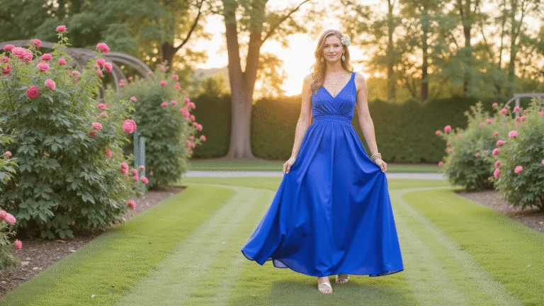 Summer Wedding Guest Style: What to Wear in 2025 Model in an electric blue silk maxi dress poses in a garden at sunset, surrounded by blooming roses, with flowing fabric and soft warm lighting.