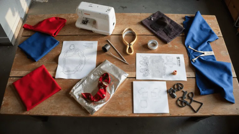 Your Ultimate Hero Costumes: From Basic to Epic A bright, organized crafting workspace with a wooden table displaying vibrant fabric swatches, metallic materials, and partially made superhero costume pieces, illuminated by natural sunlight.