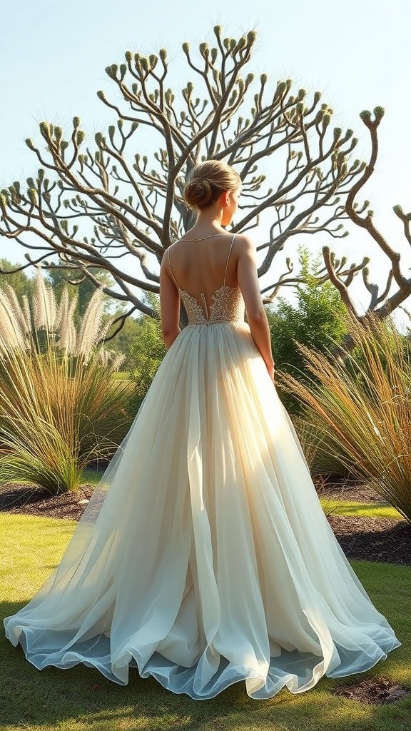 30 Stunning Ball Gowns for Your Next Formal Event A model wearing a sustainable ball gown stands in a garden, showcasing a flowing dress with a delicate bodice and natural surroundings.