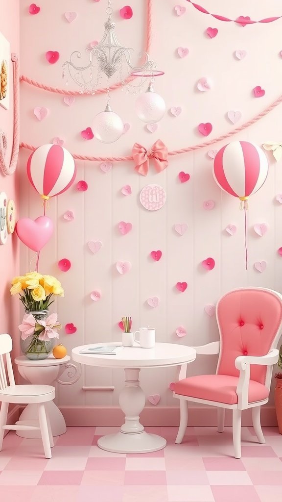 50 Stunning Coquette Wallpaper Designs to Transform Your Space A cozy corner featuring coquette wallpaper with pink and white colors, balloons, heart decorations, and a small table with flowers.