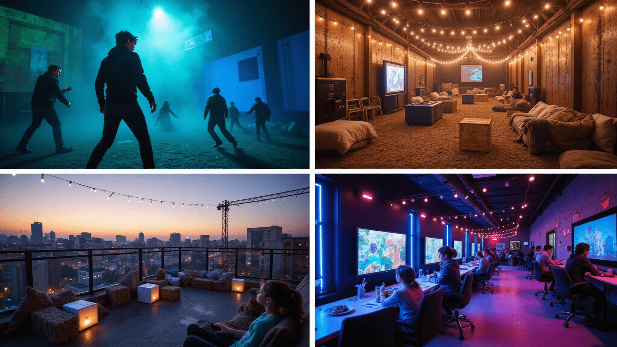 A visually stunning split-screen collage of four vibrant teen party scenarios: a neon-lit laser tag arena, a rustic barn outdoor movie theatre, a sleek rooftop art studio at night, and a modern gaming paradise, all showcasing dynamic atmospheres and engaging activities in ultra-high definition.