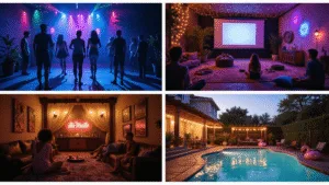 Epic Teen Birthday Party Guide: Creating Unforgettable Memories and Instagram-Worthy Moments A cinematic collage of four vibrant teen party scenes: a glow-in-the-dark dance party, an intimate backyard movie night, a mysterious escape room, and a dreamy poolside celebration, all showcasing dramatic lighting and lively atmospheres in ultra HD quality.
