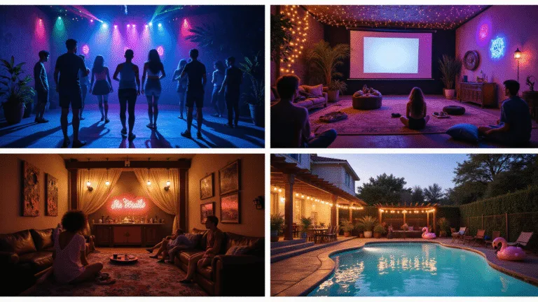 Epic Teen Birthday Party Guide: Creating Unforgettable Memories and Instagram-Worthy Moments A cinematic collage of four vibrant teen party scenes: a glow-in-the-dark dance party, an intimate backyard movie night, a mysterious escape room, and a dreamy poolside celebration, all showcasing dramatic lighting and lively atmospheres in ultra HD quality.