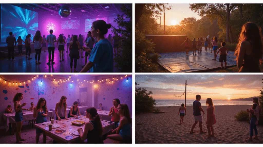 14th Birthday Party Ideas: The Ultimate Guide to Celebrating Your Teen's Milestone A vibrant cinematic collage showcasing four lively scenes from a teen's 14th birthday party: a disco scene with neon lights and dancing, an outdoor adventure with obstacle courses, an art studio with teens crafting pottery, and a beach sunset party with tiki torches and games, all highlighted with rich colors and dramatic lighting.
