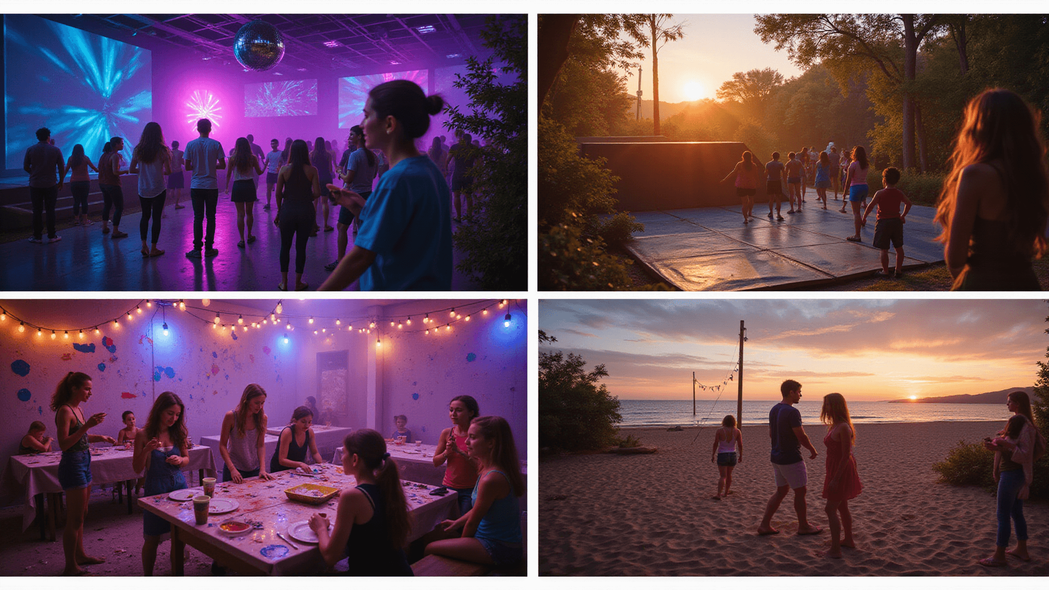 A vibrant cinematic collage showcasing four lively scenes from a teen's 14th birthday party: a disco scene with neon lights and dancing, an outdoor adventure with obstacle courses, an art studio with teens crafting pottery, and a beach sunset party with tiki torches and games, all highlighted with rich colors and dramatic lighting.