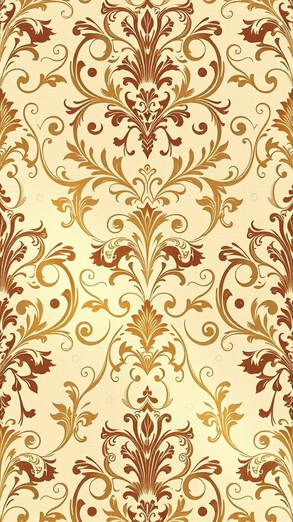 50 Stunning Coquette Wallpaper Designs to Transform Your Space An elegant damask wallpaper design featuring intricate floral patterns in gold and amber tones.