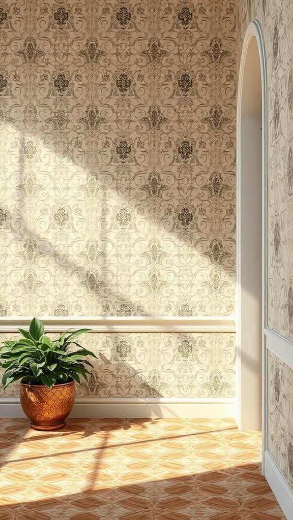 50 Stunning Coquette Wallpaper Designs to Transform Your Space A room featuring coquette wallpaper with a trellis design, complemented by a potted plant and wooden flooring.