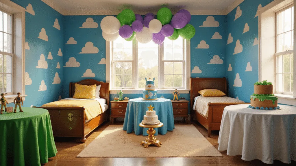 Toy Story Birthday Party: The Ultimate Guide to a Stellar Celebration Photorealistic portrayal of a colorful birthday party setup inspired by Andy's room from Toy Story, featuring cloud wallpaper, vibrant balloon garlands, Toy Story figurine centerpieces, a wooden toy chest, a star-patterned bed, and a decorative three-tier cake, bathed in natural sunlight and warm ambient lighting.