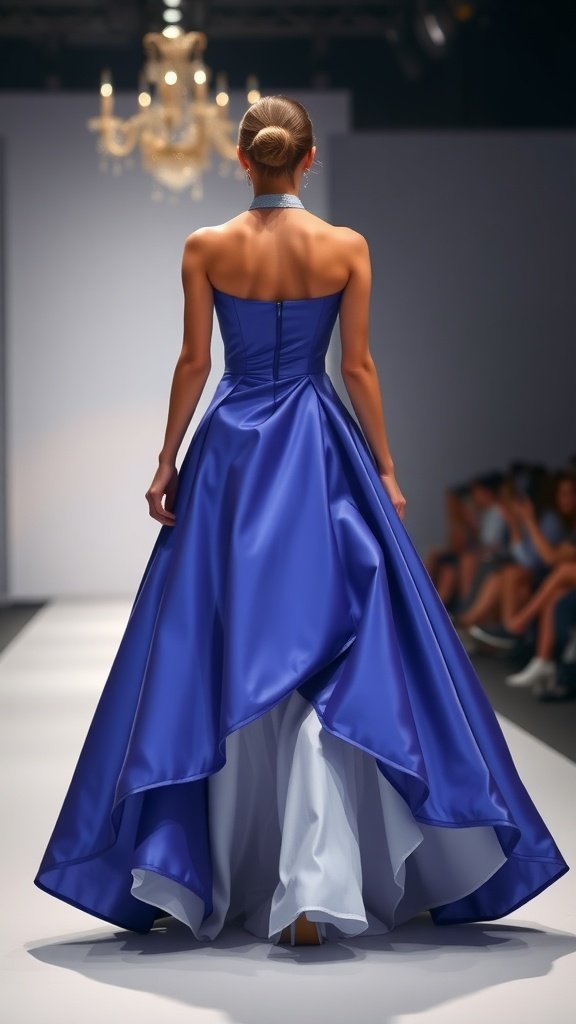 30 Stunning Ball Gowns for Your Next Formal Event Model showcasing a blue ball gown with a high-low hemline on a runway.