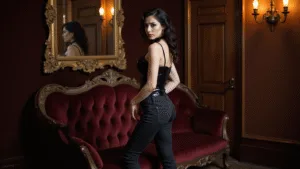 A Guide to Nailing Your Katherine Pierce Halloween Costume A dark-haired woman in a black corset and dark jeans poses in a lavish Victorian boudoir, framed by a gilded mirror. The room is adorned with burgundy velvet furnishings and antique decor, illuminated by soft golden hour light that highlights her curls and vintage jewelry, creating a luxurious, moody vampire aesthetic.