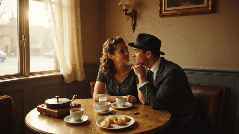 Capturing Love: Incredible Pre-Wedding Shoot Ideas That Tell Your Unique Story A romantic vintage café scene at golden hour featuring a young couple in 1950s attire, sharing an intimate moment at a wooden table with antique coffee cups and pastries, enhanced by warm sunlight and nostalgic decor.