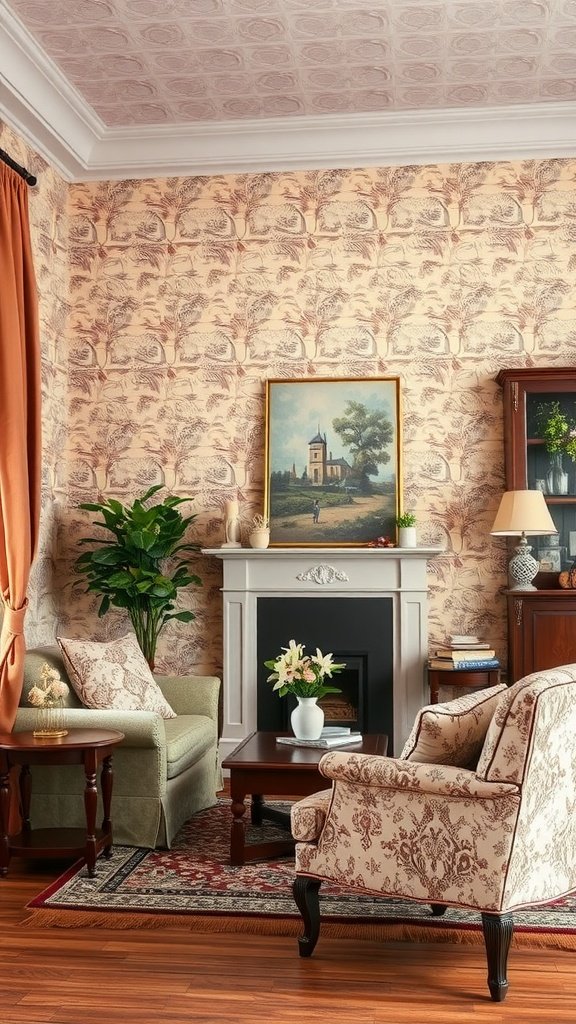 50 Stunning Coquette Wallpaper Designs to Transform Your Space A cozy living room featuring vintage-inspired coquette wallpaper, elegant furniture, and decorative plants.