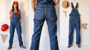Easy Halloween Costumes You Can Actually Pull Off (Without Breaking the Bank!) A flat lay of vintage denim overalls paired with a red Mario cap, paintbrushes, and a straw hat on a white background, illuminated by warm golden hour light, highlighting the texture of the denim.