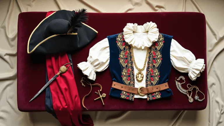 The Ultimate Guide to Rocking a Pirate Halloween Costume (No Drama, All Fun!) Overhead view of an elaborate vintage pirate costume displayed on a deep burgundy velvet ottoman, featuring a white ruffled blouse, ornate jewelry, leather belts, an embroidered navy vest, crimson scarves, and a black tricorn hat, all illuminated by soft natural light.