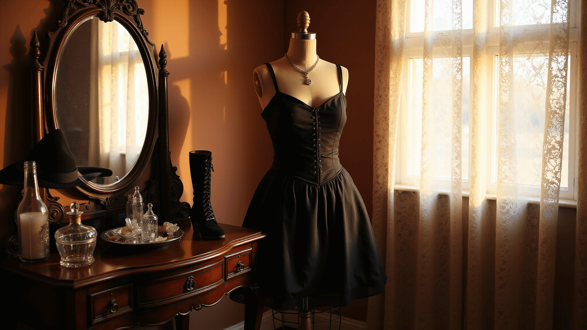 A vintage boudoir scene illuminated by golden hour light, showcasing an elegant black dress on an ornate mannequin, surrounded by witch costume accessories like a black velvet hat and buckled boots on a Victorian vanity, with lace curtains filtering ethereal light.