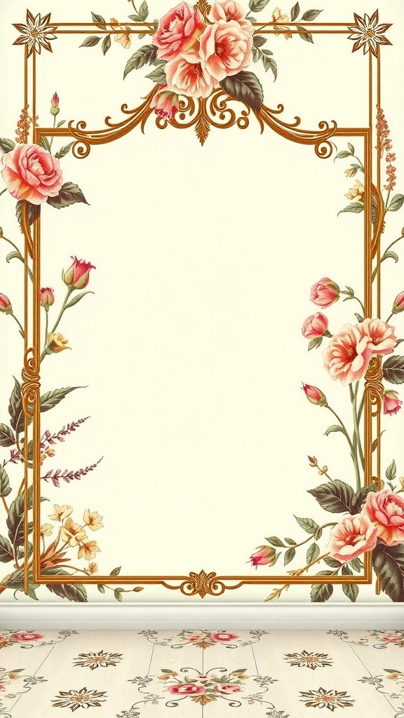 50 Stunning Coquette Wallpaper Designs to Transform Your Space Vintage floral frame wallpaper design featuring roses and a golden border