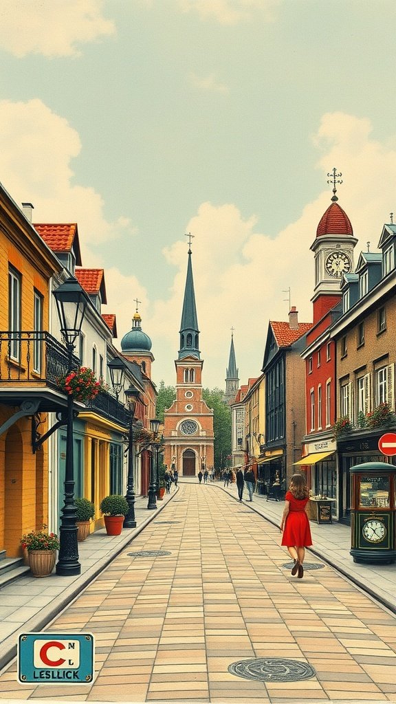 50 Stunning Coquette Wallpaper Designs to Transform Your Space A picturesque street scene featuring colorful buildings, a church tower, and a woman in a red dress walking down the road.