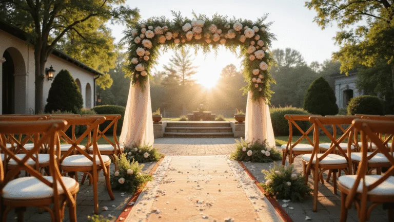 Wedding Ceremony Altar Flowers: Your Ultimate Guide to Creating a Breathtaking Backdrop A beautifully arranged wedding altar scene during golden hour, featuring an ornate floral arch of ivory roses and blush peonies, surrounded by lush greenery. The area is adorned with a vintage Persian runner, rose petals, and wooden chairs with wildflower accents, all bathed in warm, magical sunlight filtering through the trees.