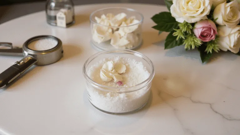 Preserving Wedding Memories: Creative Ways to Keep Your Bridal Blooms Forever A professional photography setup capturing the intricate process of preserving a wedding bouquet with white roses and blush peonies submerged in crystalline silica gel, featuring soft studio lighting, extreme detail of flower petals and silica granules, and archival-quality preservation tools against a white marble surface.