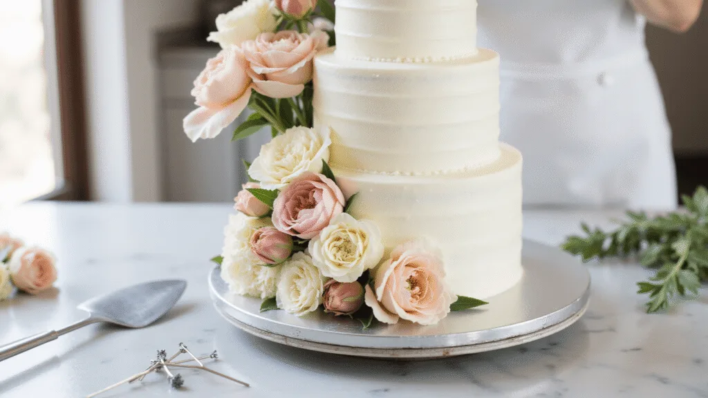 WEDDING CAKE WITH FLOWERS: ELEGANT FLORAL MASTERPIECE A three-tiered white wedding cake with pearl-white buttercream frosting, adorned with fresh blush pink peonies, cream garden roses, and white hydrangeas, is being assembled on a silver turntable in a bakery workspace, captured in soft natural light with a shallow depth of field highlighting the floral details.