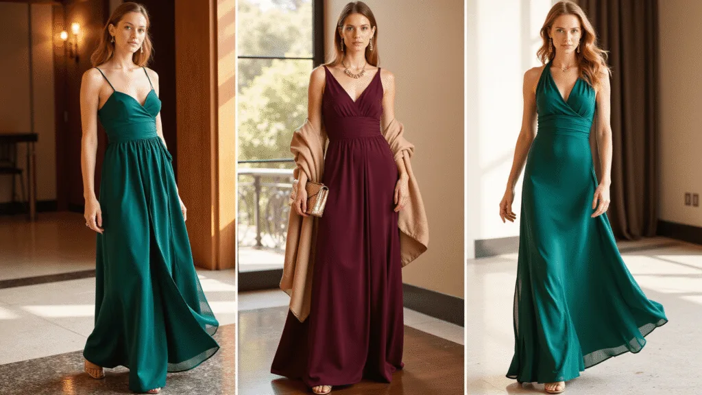 September Wedding Guest Dress: Your Ultimate Style Guide for Early Fall Elegant midi and maxi dresses in rich jewel tones of emerald, sapphire, and burgundy displayed in a luxurious hotel lobby with art deco details, illuminated by soft golden hour lighting, showcasing various textures and accented with minimal gold jewelry and metallic clutches.